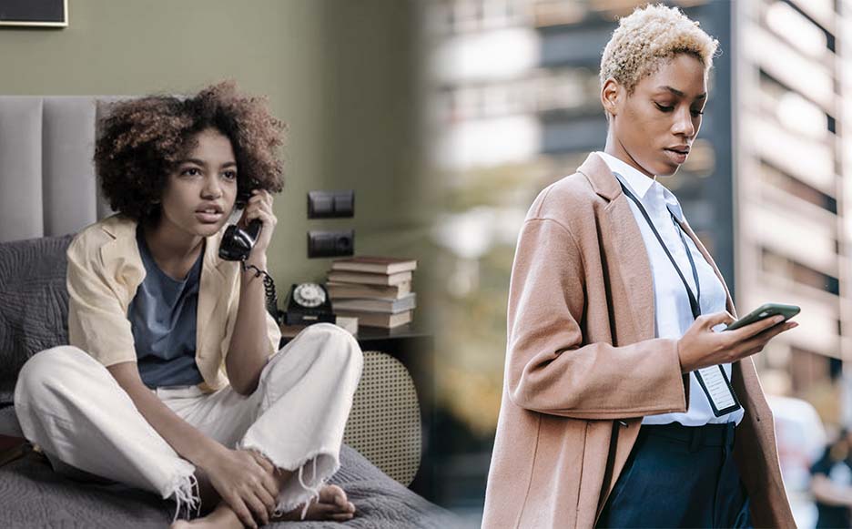 image of a young woman on a corded phone transitioning to an image of a female professional on a smartphone